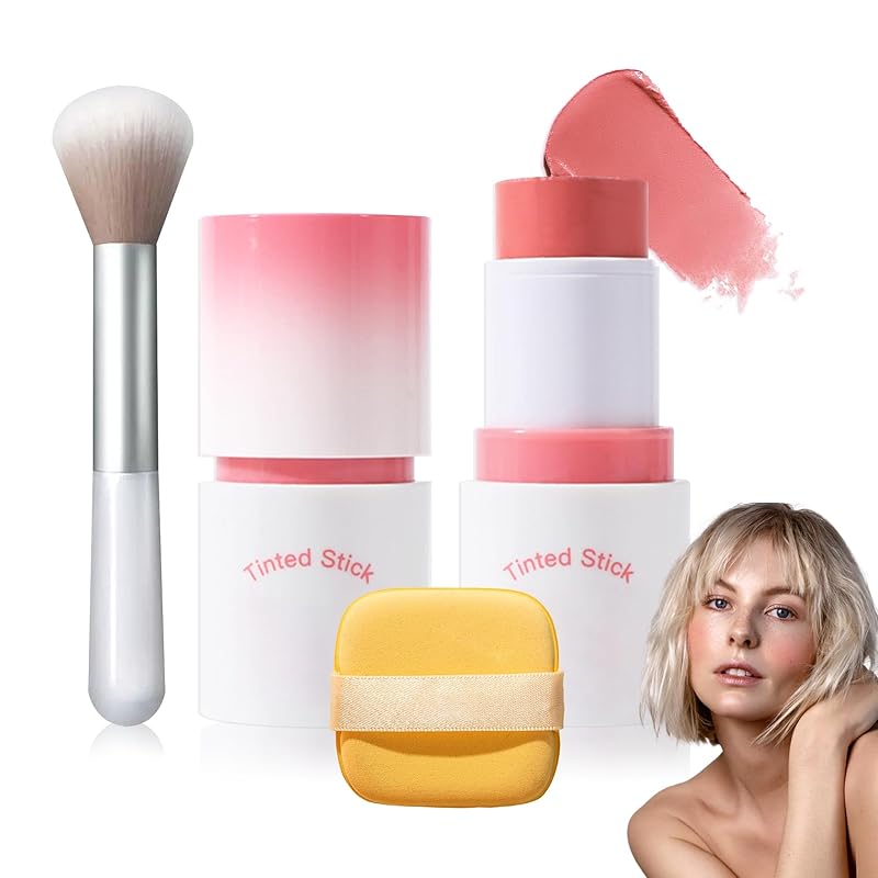 Cream Blush Stick with Brush,Waterproof Multi Cream Makeup Stick,Lightweight,Long-lasting,2 in 1 Multi Blush for Cheeks & Lip Tint & Eyeshadow Makeup(#01 Milk Tea Pink)