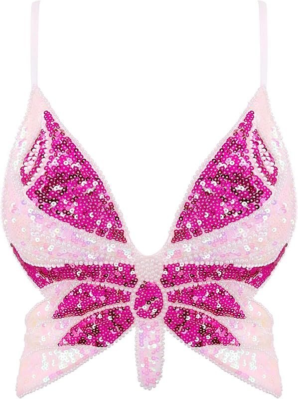 Mocure Womens Glitter Sequin Butterfly Crop Top Low-Cut Tank Top Rave Tube Vest Top for Belly Dance Costume Outfits