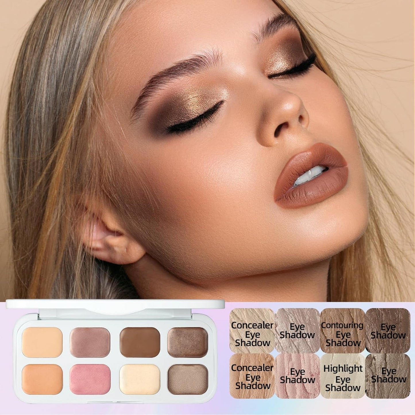 Erinde 8 Colors Cream Eyeshadow Contour Palette Makeup, Nude Rose Pink Chocolate Coffee Beige Brown Matte Shimmer Glitter Highly Pigmented Eye Shadow Palette, Eye Brightener Makeup Highlighter