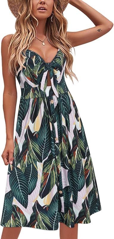 VOTEPRETTY Womens Summer Dresses Tie Front Beach Dress Spaghetti Strap Sundress with Pockets for Party Vacation