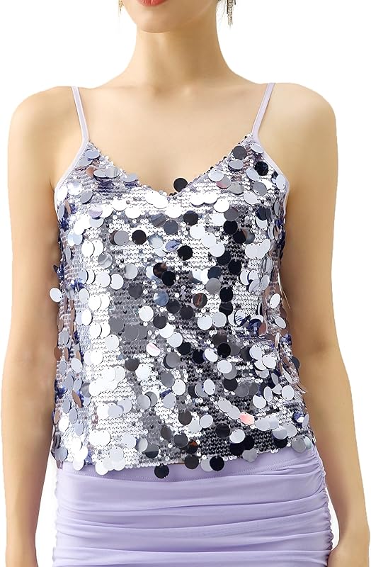 Women's Sequin Tops - V-Neck Sparkle Tank Tops - Spaghetti Strap Shimmer Camisole Party Club Cocktail Cami