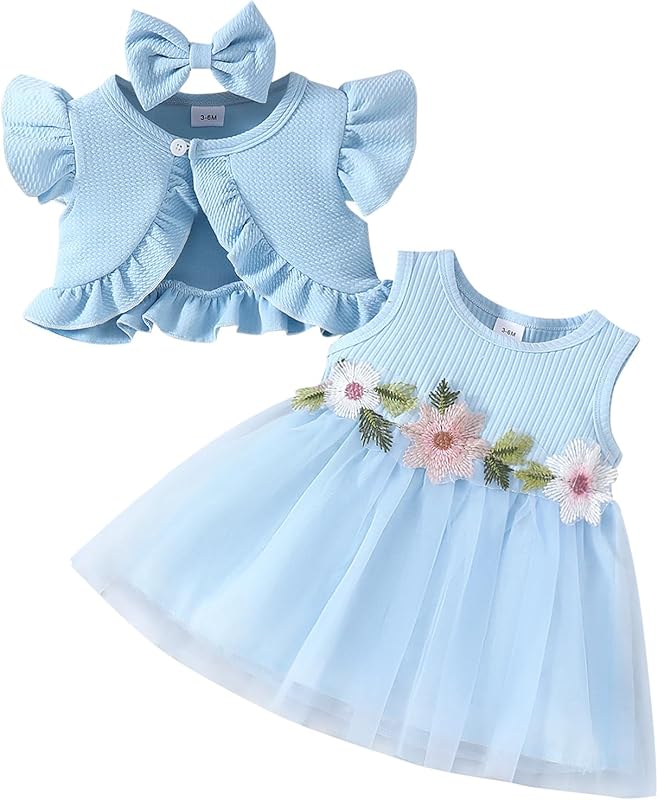 IDOPIP Baby Girls Tutu Dress Cardigan Headband 3 Pieces Elegant Embroidery Outfit Princess Baptism Ball Gown Pageant Dress