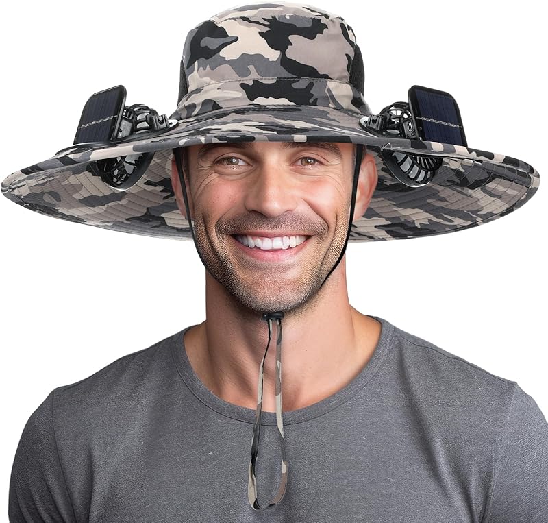 Berlune Men Sun Hat with 2 Solar Fan Fishing Wide Brim Sun Hat for Outdoor Summer Camping Beach, USB & Solar Powered