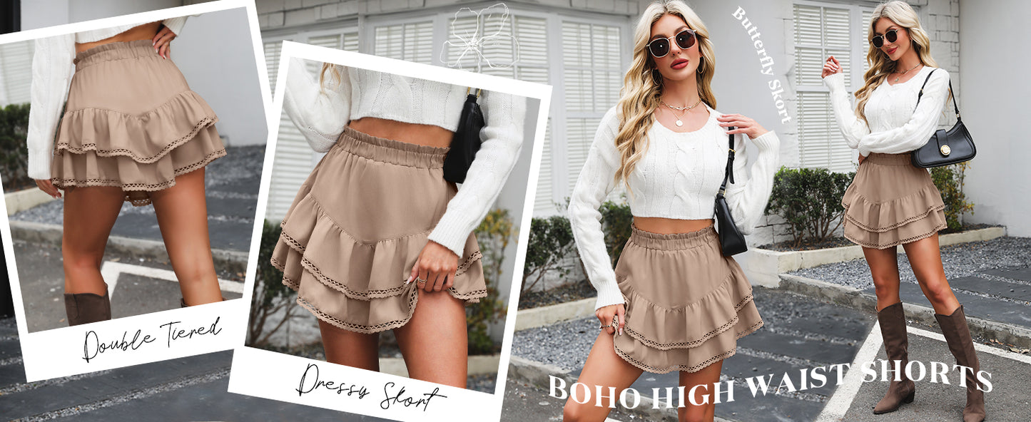 Caracilia Mini Skirts for Women Summer Casual Boho Crochet Ruffle Flowy Skirt Built in Shorts 2025 Fashion Trendy Skorts