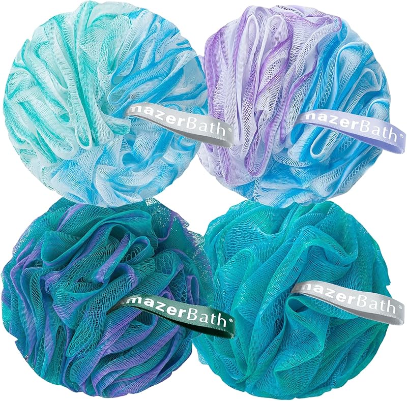 AmazerBath Charcoal Loofah Sponge, Shower Loofah 60g/PCS - Body Scrubber Loofa Set of 4 - Charcoal Blue, Gray, Pink & Army Green, Bath Sponge for Men and Women