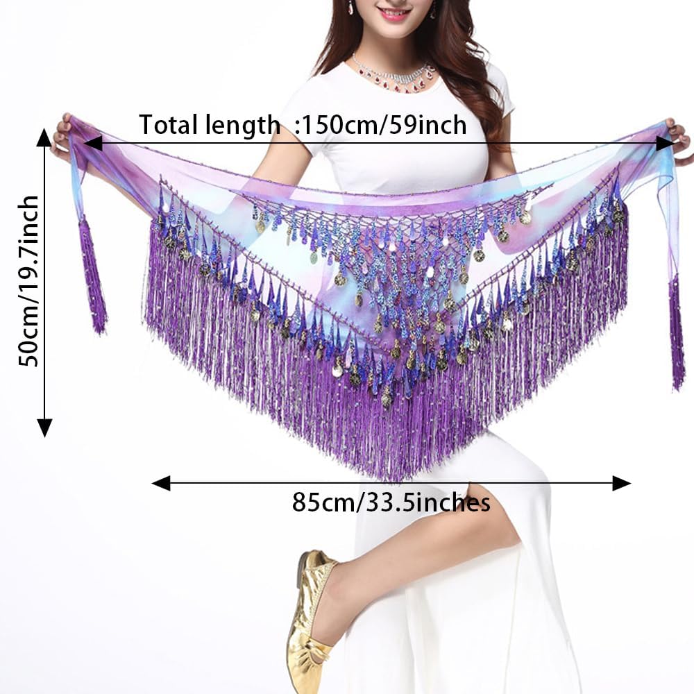 SITAKEGS Belly Dance Hip Scarfs,Girls/Women's Wave Shape Skirts Wrap with Sequin,Purple Chiffon Tassel Skirt Waist Costume Belt for Festival Club Summer Beach Dance
