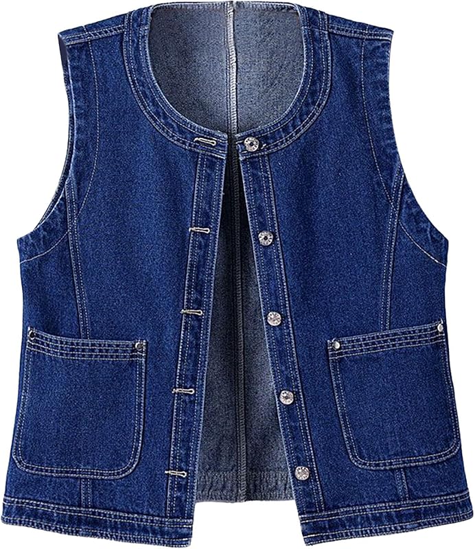 Womens Sleeveless Denim Vest V Neck Button Down Jean Waistcoat Y2K Casual Trendy Loose Fit Lightweight Jackets with Pockets