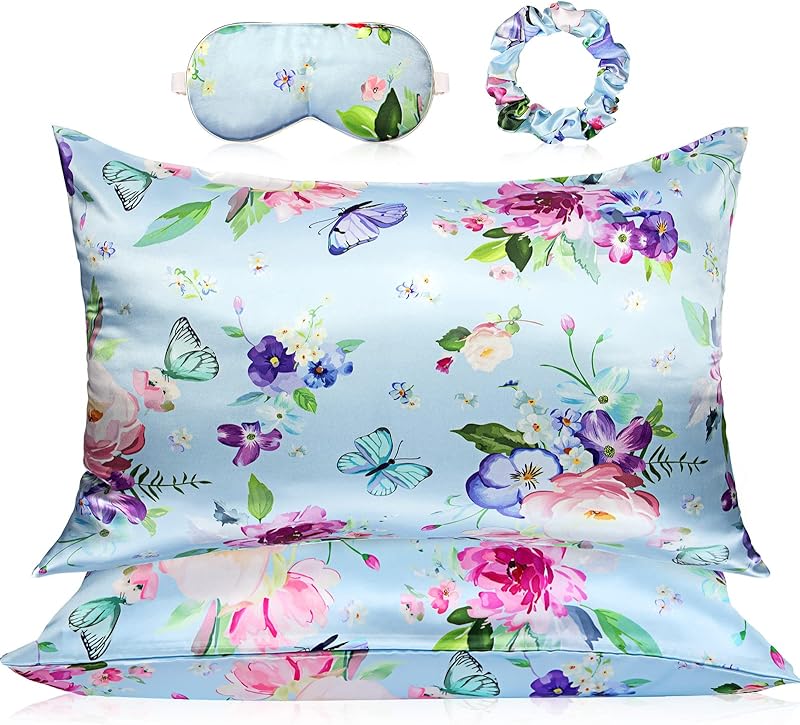 2 Pack Satin Pillowcase with Latent Zipper, Adjustable Satin Eye Mask for Sleeping and Satin Volume Scrunchie for Hair and Skin, Standard Size (Brown,Leopard Style)