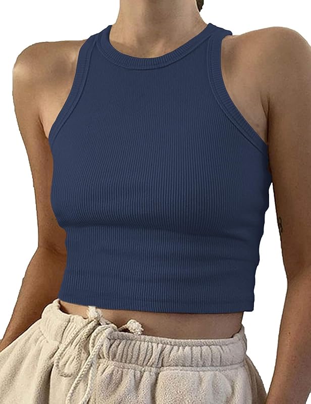 Artfish Women Casual Basic Sleeveless High Neck Rib-Knit Y2k Crop Tank Top