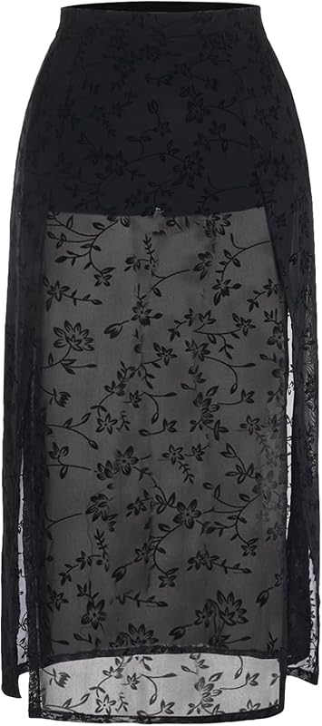 Verdusa Women's Plus Size Skirts High Waist Split Side Sheer Mesh A Line Long Skirt