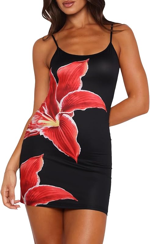 Women Floral Mini Dress Bohemian Spaghetti Strap Sleeveless Bodycon A-Line Dress Short Cami Swing Dress Clubwear Y2K