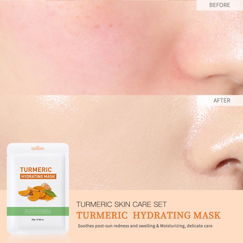 5 Packs Turmeric Hydrating Mask Face Sheet Mask for Ance, Restore Fragile Skin, Soothes Post-Sun Skin, Moisturizing & Firming Face Masks Skincare, Facial Mask Sheet Masks for Oil Control