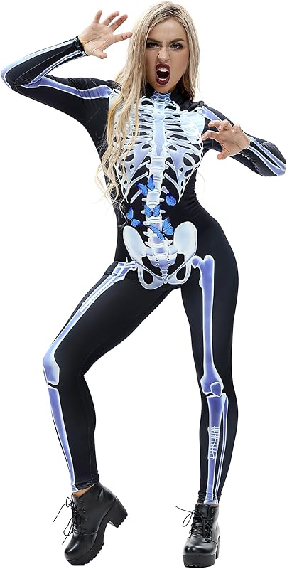 JJEUWE Women's Skeleton Halloween Bodysuit Costume Stretch Skinny Catsuit Jumpsuit