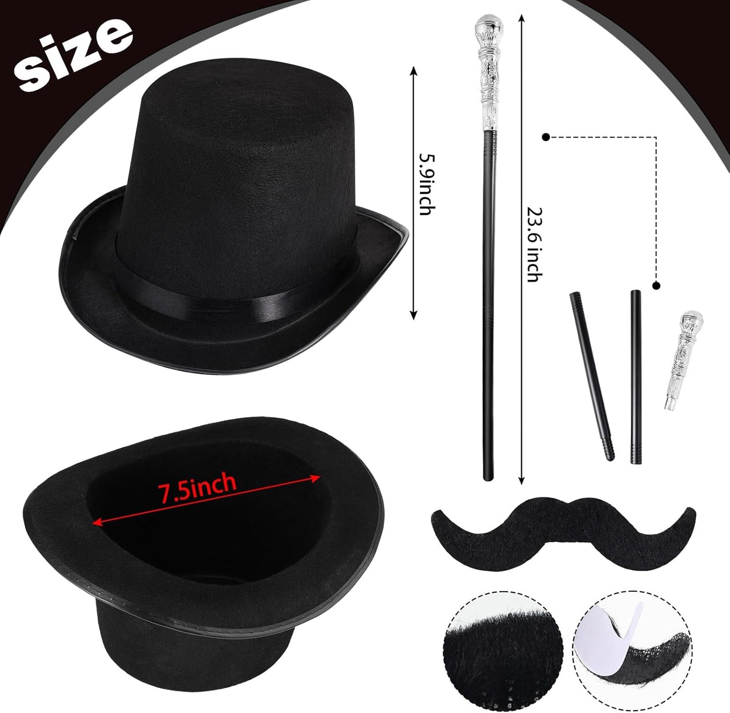 Jadive 6 Pcs 1920s Men Accessories Gentleman Costume Hat Round Head Scepter Magnifying Glass Necklace Bow Tie Gloves Beard