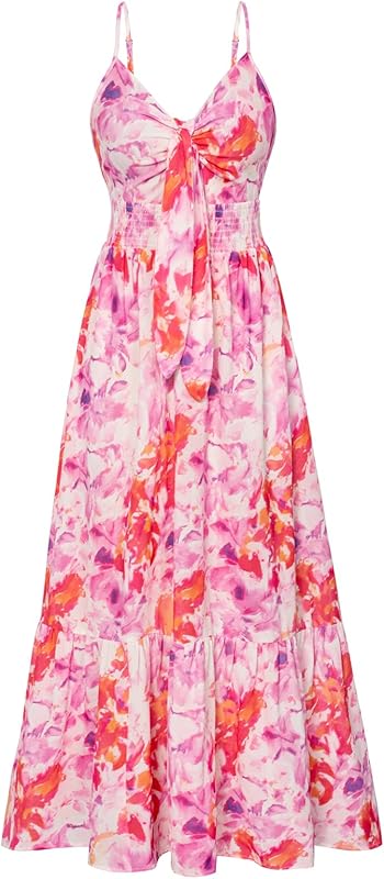 GRACE KARIN Women's 2025 Summer Maxi Dress Floral Tie Front Spaghetti Strap Casual Boho Beach Flowy Sundress with Pockets