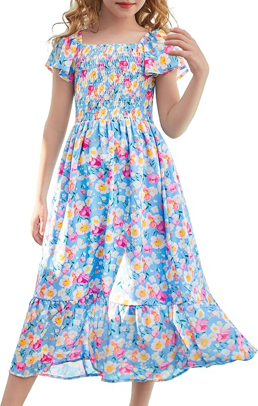 GRACE KARIN Girls Floral Dress Flutter Sleeve Square Neck Tiered Midi Dress Smocked Flared A-line Dress 5-14Y