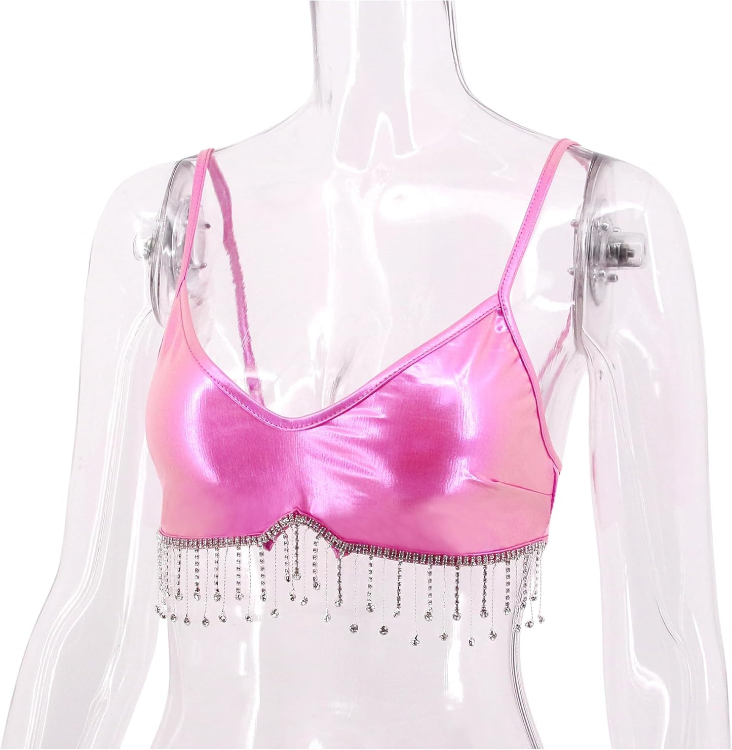 jascaela Women's Shiny Rhinestone Tassel Bustier Top Sleeveless Back Buckle Cami Corset Tops Rave Crop Top Clubwear