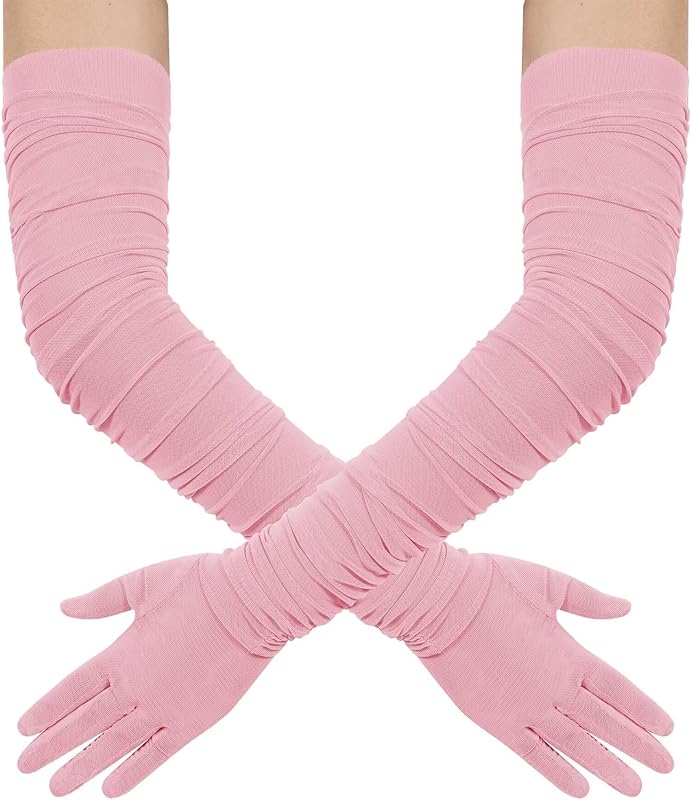 Hazhlko Women's Super Long Stretchy Ruched Mesh Tulle Sheer Gloves Costume Opera Party 1920's Dance Gloves