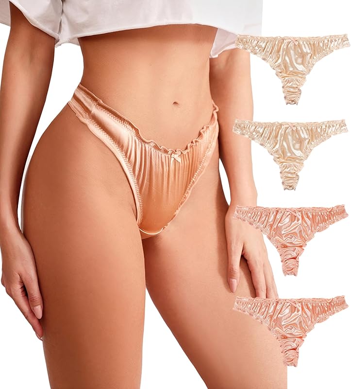 Women's Satin Thongs Silk Feeling Bikini Briefs Underwear Ruched G-String Thong Panties Smooth Panties 4 Pack