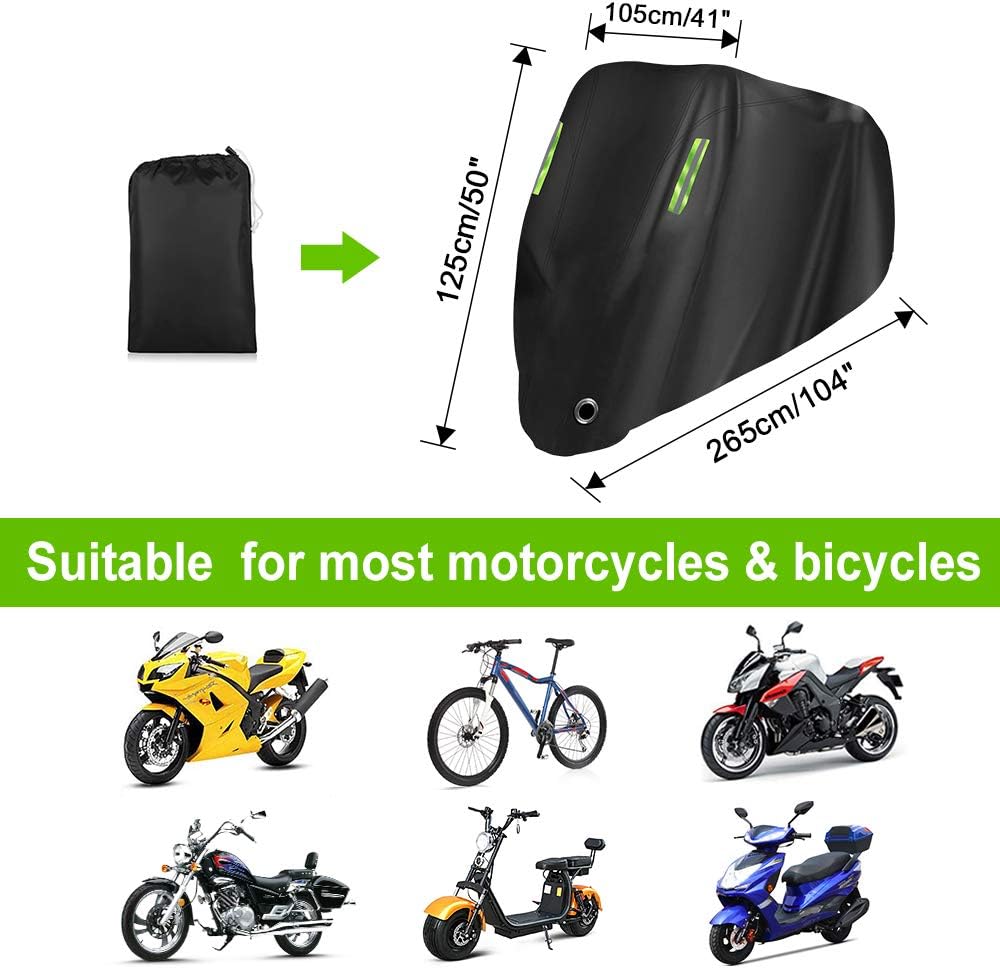 Motorcycle Cover All Season,Universal Weather Quality Waterproof Sun Outdoor Protection Scooter Shelter Tear Proof Night Reflective & Lock-Holes Storage Bag Fits up to 105" Motorcycles Vehicle