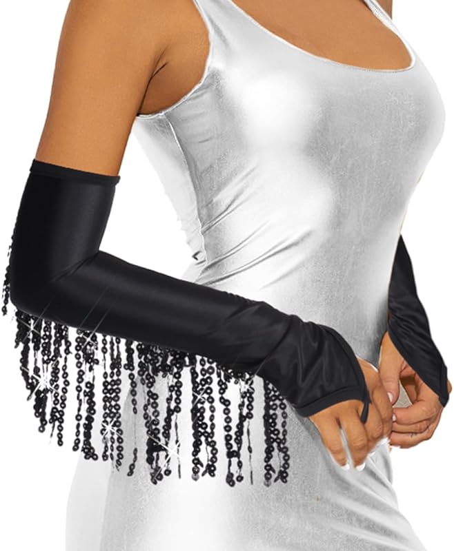Women 1920s Tassel Glitter Long Gloves Sequin Opera Fingerless Glove Rave Party Satin Arm Sleeves(Black)