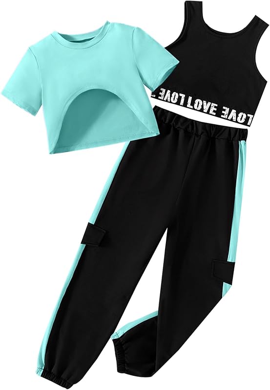 Hilinker Girl's Graphic 3 Piece Outfits Short Sleeve Crop Top Letter Tank and Sweatpants Set
