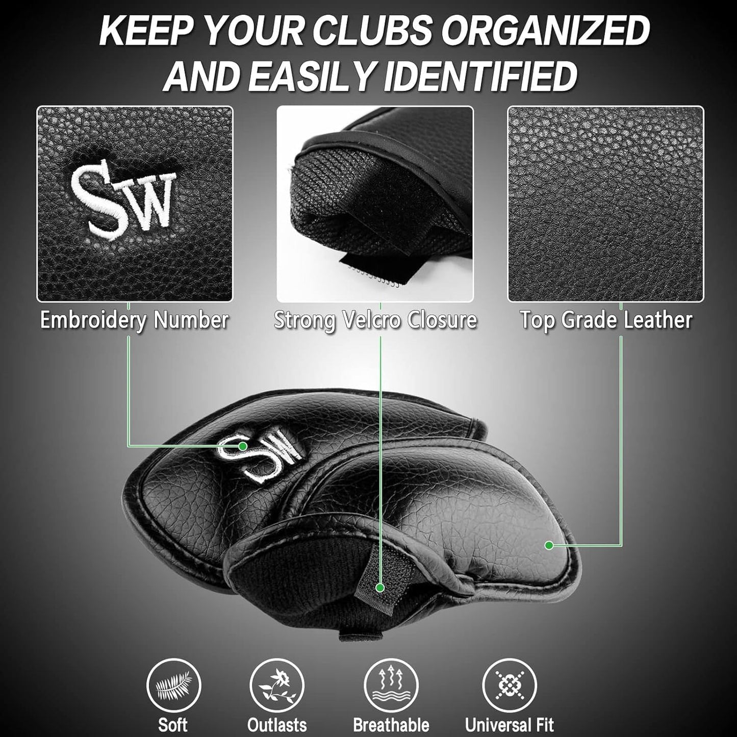 FINGER TEN Golf Iron Head Covers Value 12 Piece Set, Synthetic Leather Deluxe Club Headcover, Universal Fit Main Iron Clubs Gift Set
