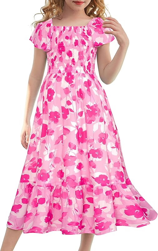 GRACE KARIN Girls Floral Dress Flutter Sleeve Square Neck Tiered Midi Dress Smocked Flared A-line Dress 5-14Y