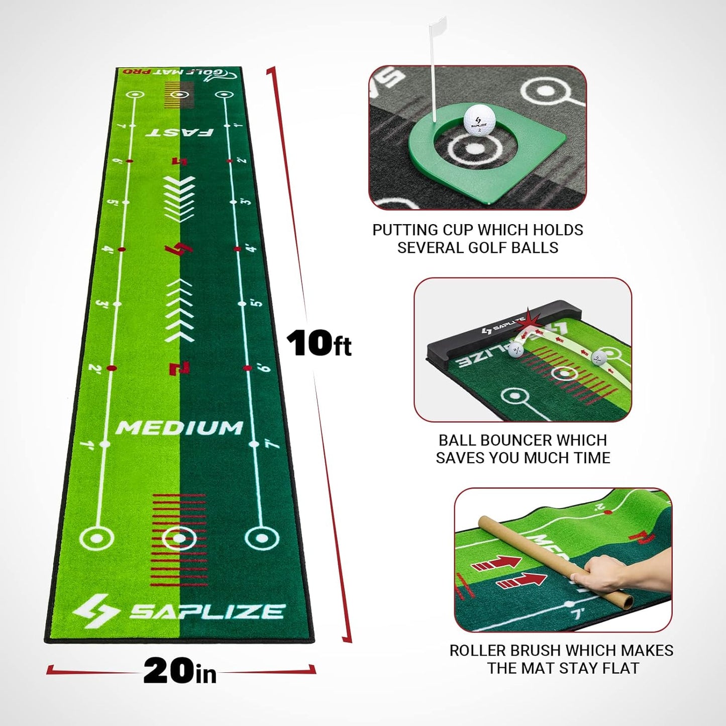 SAPLIZE Two-Speed Golf Practice Mat with Alignment Mirror, 20 in X 10 ft Training Aid Mat, Anti-Slip Backing Golf Putting Green for Indoor/Outdoor
