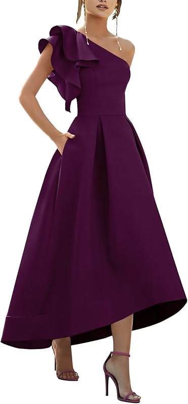 One Shoulder Satin Mother of Bride Dresses 2025 High-Low Ruffle Formal Evening Party Gowns