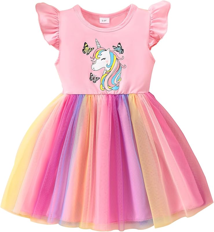 Little Girls Tulle Tutu Dress - Toddler Kids Flutter Sleeve Princess Sundress Casual Summer Outfit Clothes for 2-7Y