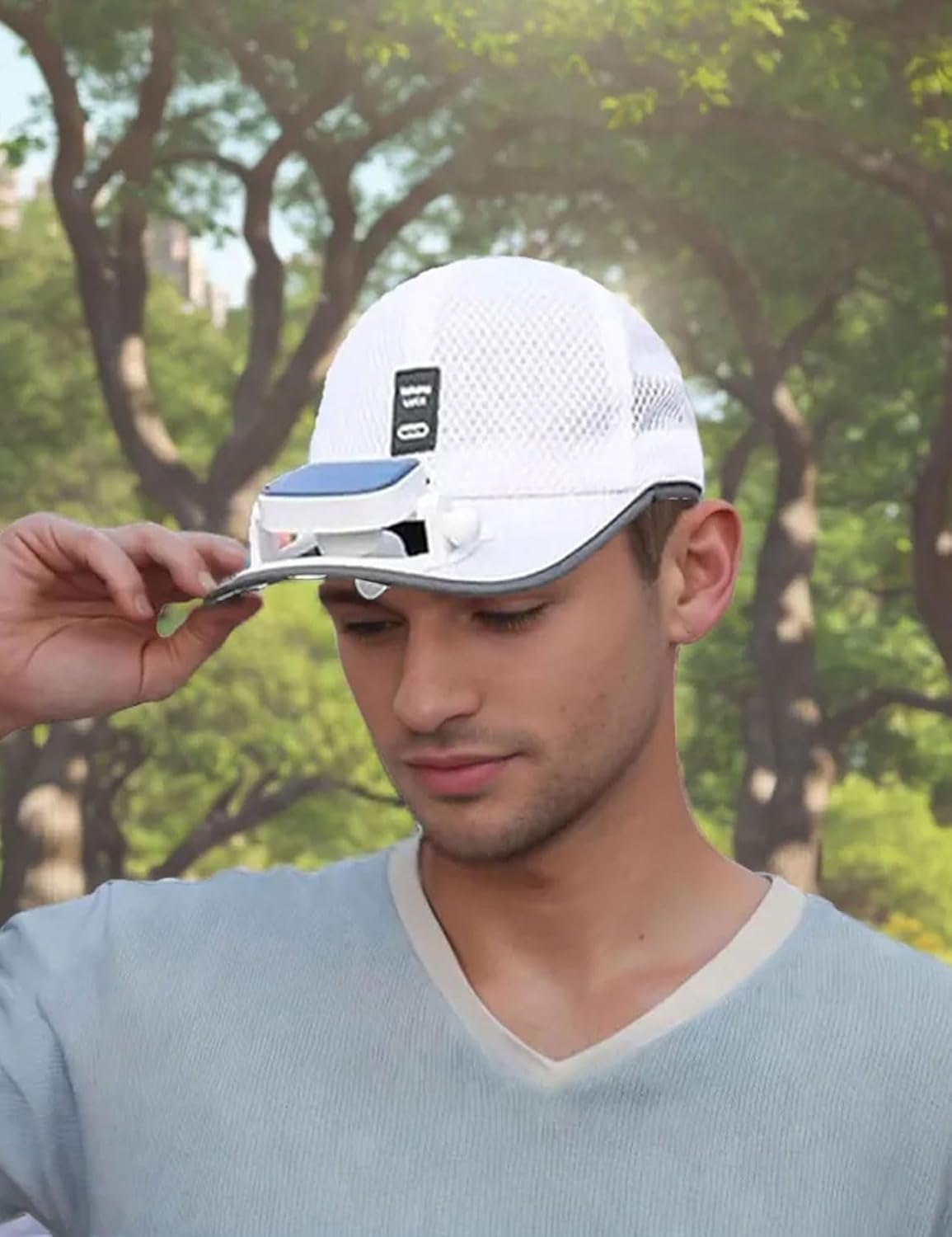 Mens Baseball Cap with Solar Fan, Summer UV Protection Wide Brim Sun Hat Mesh Beach Hats, Solar Powered/USB Charging