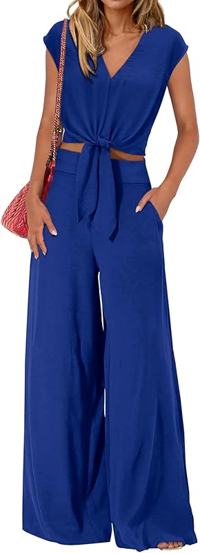 PRETTYGARDEN Women's Summer 2 Piece Outfits 2025 Cap Sleeve V Neck Belted Crop Tops Wide Leg Pant Sets Casual Tracksuit