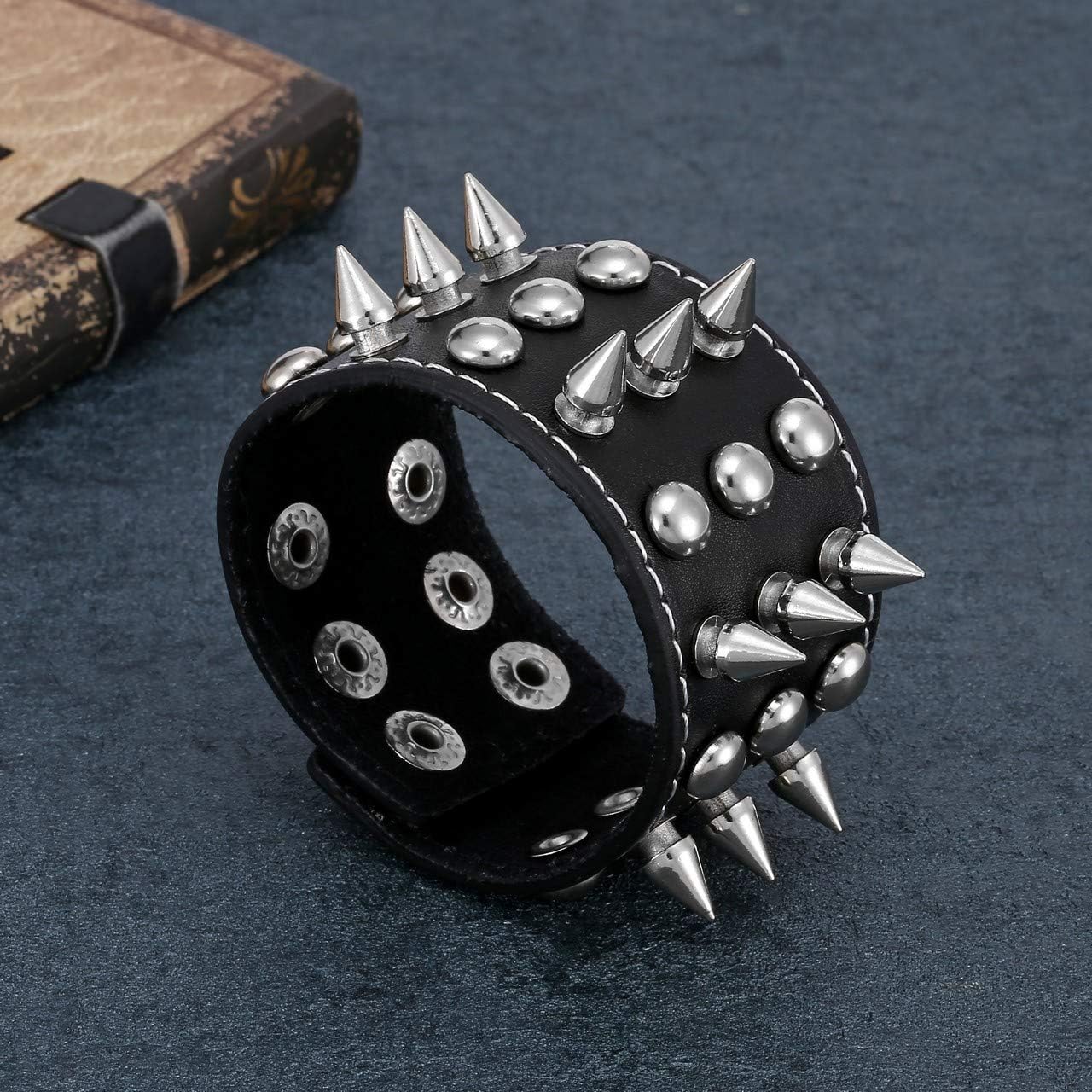JOVIVI 3pcs Spike Studded Rivets Punk Rock Biker Wide Strap Genuine Leather Bracelets Necklace Chain Wristband Adjustable