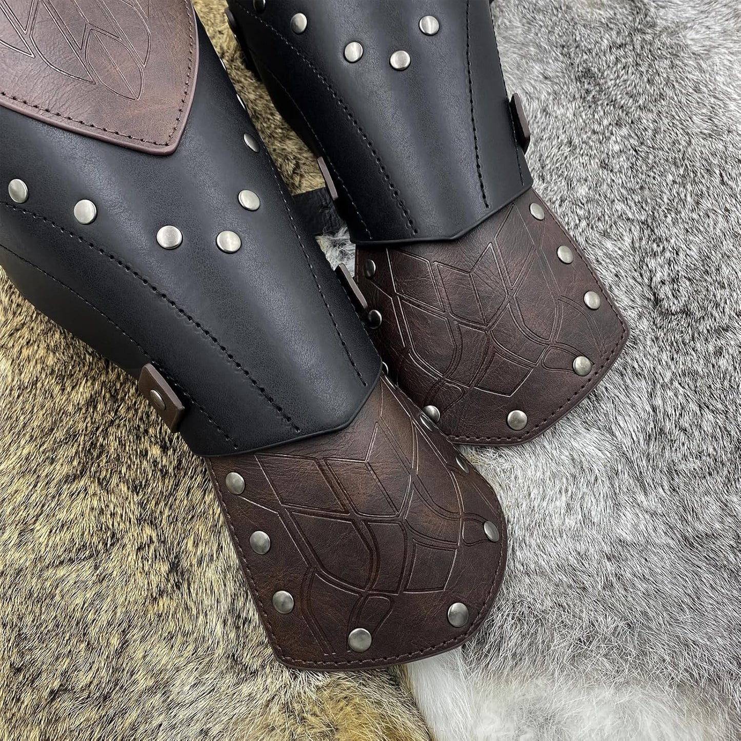 HiiFeuer Medieval Embossed Faux Leather Elf Arm Guards, Fantasy Cosplay Buckle Bracers, Knight Archer Gauntlets for LARP