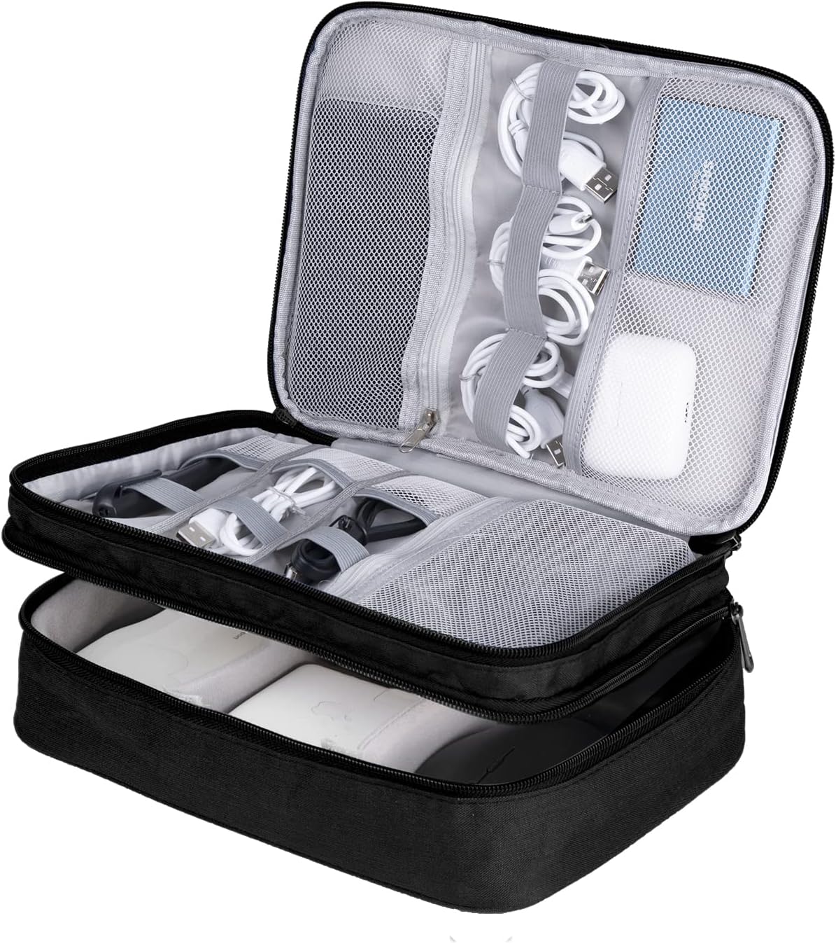 LENTION Cable Electronics Organizer Bag Pouch, Travel Accessories Carry Case Waterproof Double Layers All-in-One Storage Bag Carrying for Cord, Charger, Power Bank, Earphone Black