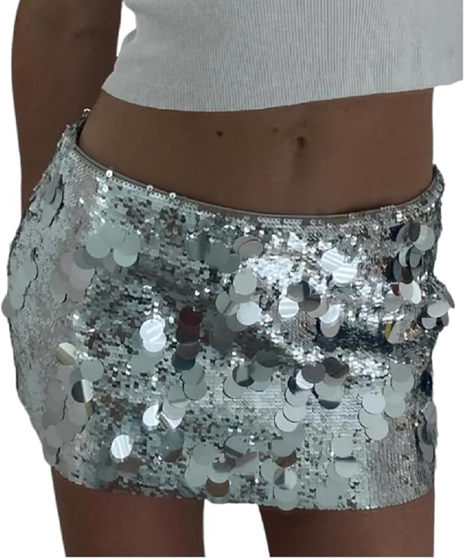 ANKOMINA Women's Sexy Shiny Sequin Mini Skirt Glitter Low Waist Pencil Skirts Bodycon Dance Party Club Short Skirt