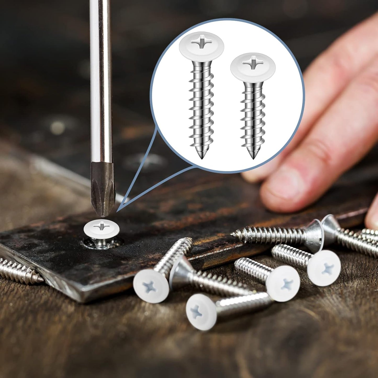 Demissle #8 White Screws Wood Sheet Metal Screw Thread Truss Head Fast Self Tapping White Pan Cabinet Wood Work for Wall Plates, 1/2 Inch, 3/4 Inch, 1 Inch(120 Pcs)