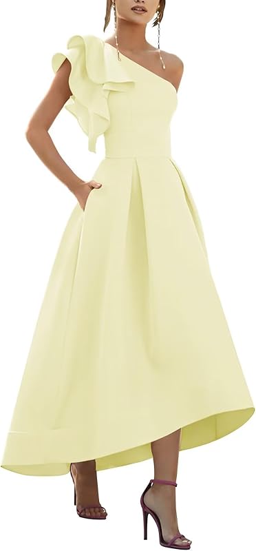 One Shoulder Satin Mother of Bride Dresses 2025 High-Low Ruffle Formal Evening Party Gowns