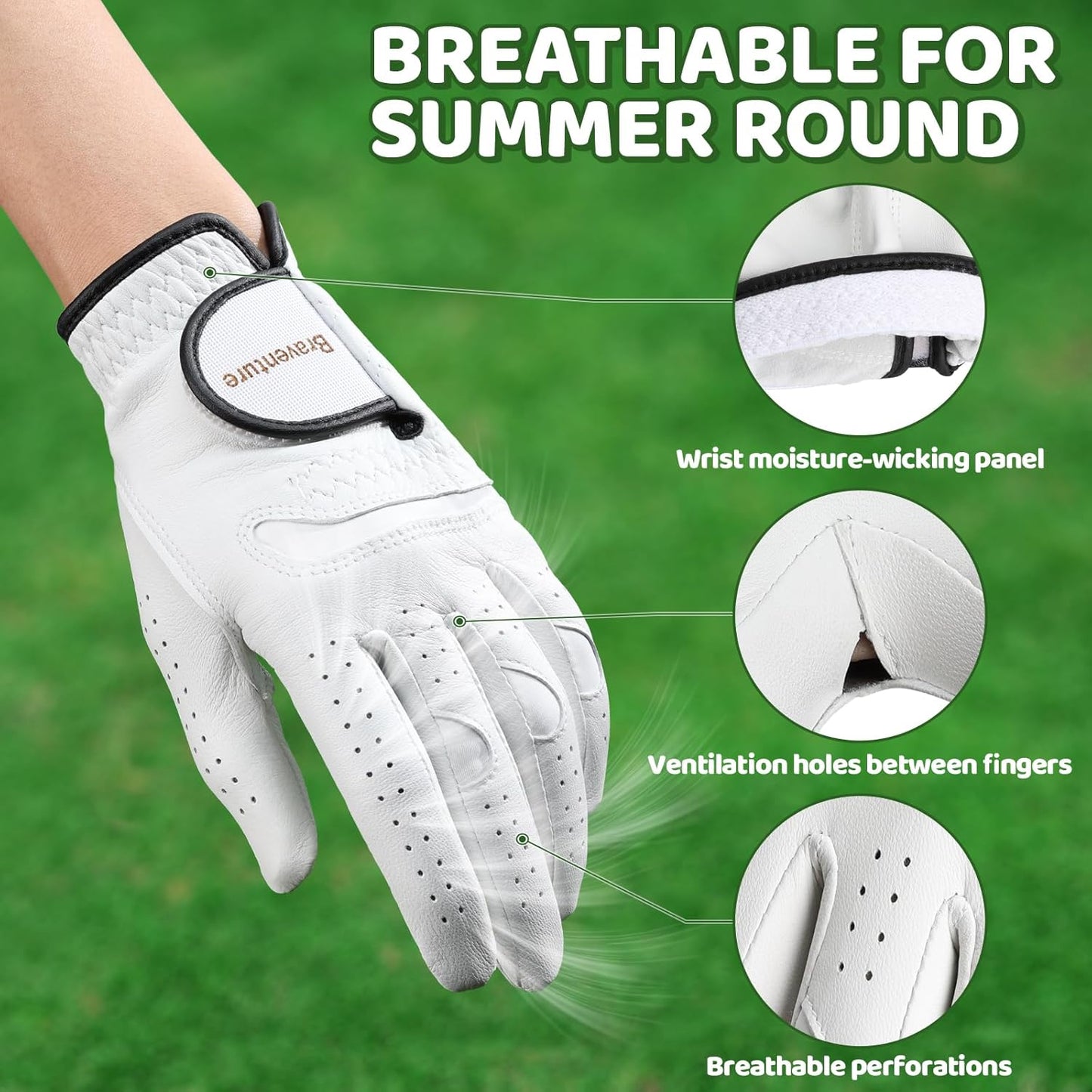 Braventure Kids Golf Glove, Breathable Sheepskin Leather with Good Grip for Right Handed Golfer for Hot and Humid Weather Include Golf Tees & Divot Tool