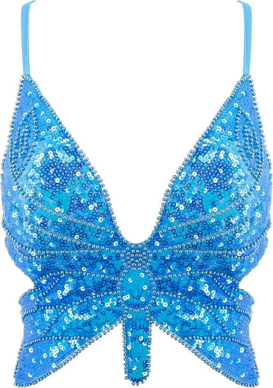 Mocure Womens Glitter Sequin Butterfly Crop Top Low-Cut Tank Top Rave Tube Vest Top for Belly Dance Costume Outfits