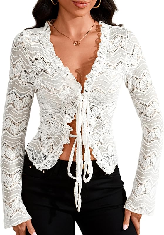 Lace Tops for Women Long Sleeve See Through Sexy Sheer Mesh Crop Top Shirt Open Front Tie Blouse Ruffle for Women