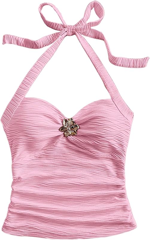 SOLY HUX Women's V Neck Halter Tops Open Back Y2k Ruched Floral Metal Summer Going Out Cami Tops