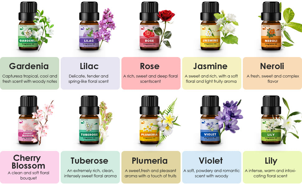 Floral Essential Oils, INWICOPH Flower Fragrance Oil for Candle Making - Rose, Jasmine, Neroli, Gardenia, Lilac, Plumeria and More, Aromatherapy Oils for Diffusers for Home