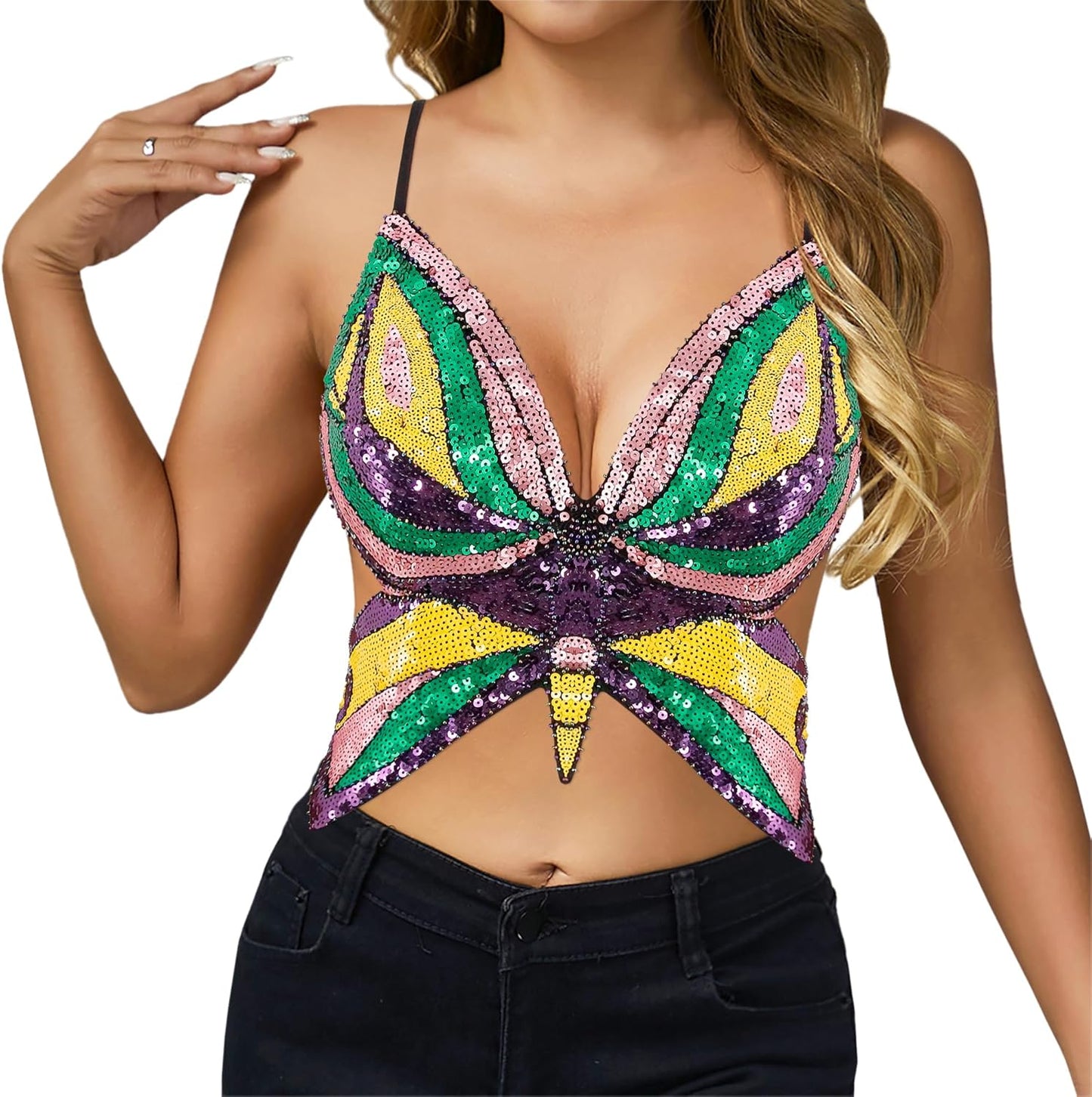 Mocure Womens Glitter Sequin Butterfly Crop Top Low-Cut Tank Top Rave Tube Vest Top for Belly Dance Costume Outfits