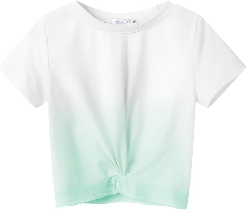 Arshiner Girls T-Shirts Twist Front Kids Summer Printed Round Neck Short Sleeve Tops Casual Fashion Tee Shirt for Girls 5-12 Years
