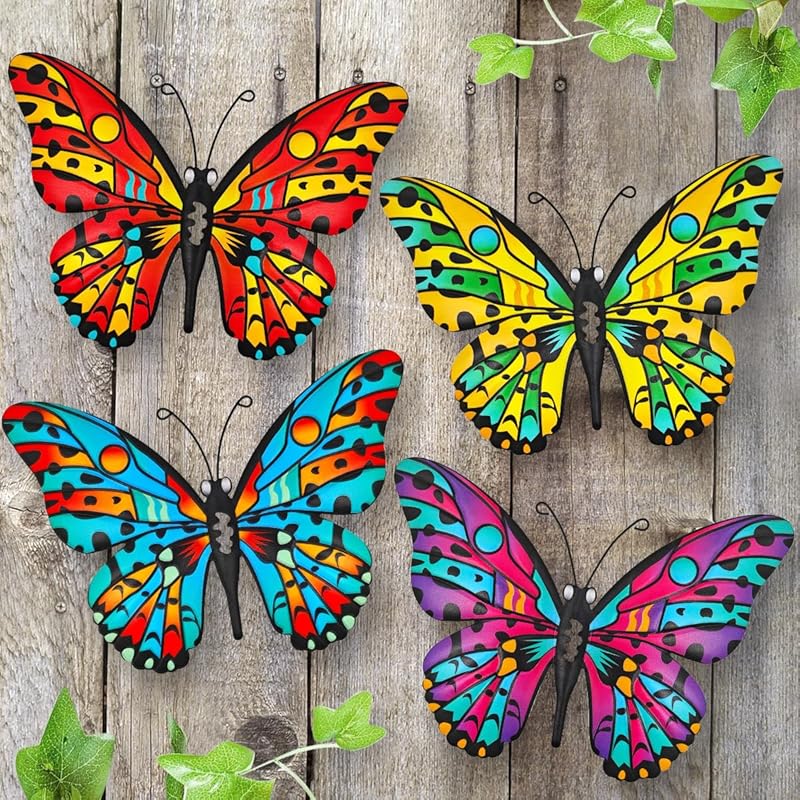 Metal Butterfly Wall Decor - 9.6" Outdoor Fence Wall Art Decor, Hanging Decoration for Garden Yard Living Room Bedroom Patio Balcony(4 Pack)