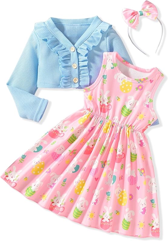 HINTINA Toddler Little Girls Dress And Cardigan Sets 2 Piece Floral Print Sleeveless Dress and Long Sleeve Cardigan Set