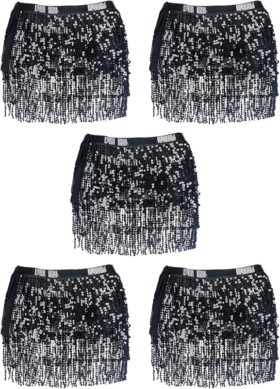Women Belly Dance Skirt Tassel Fringe Skirts Sparkly Sequin Hip Scarf Party Costume