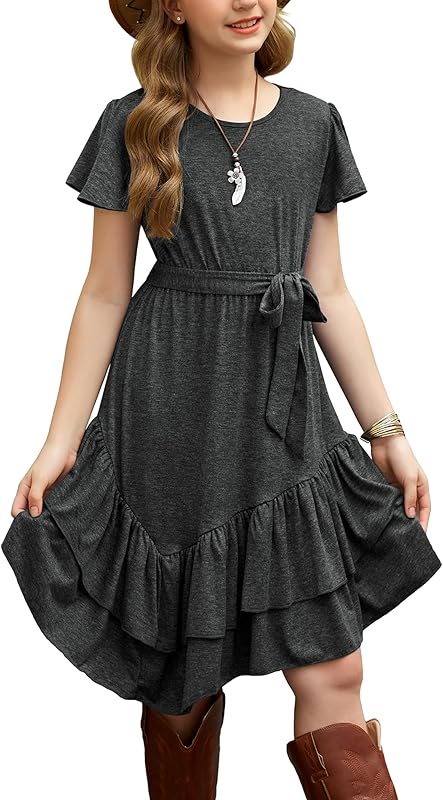 Arshiner Girls Dresses Loose Plain Casual Ruffle Swing Midi Dress with Belt for 5-14 Years